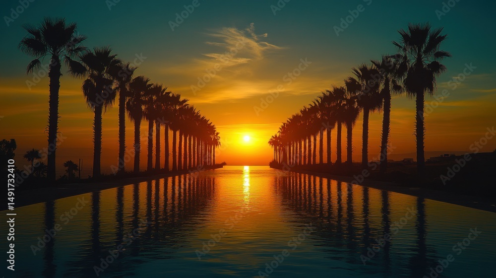 Fototapeta premium Sunset Palm Trees Reflecting in Pool