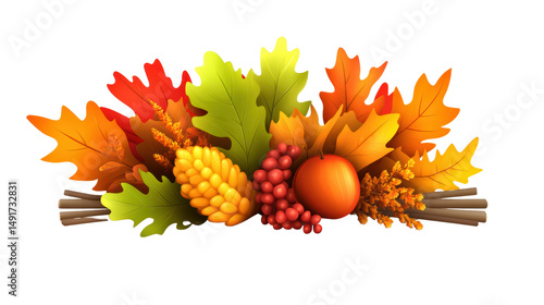 Fall harvest decoration with colorful autumn leaves, ripe corn, red grapes, and an over a white background.