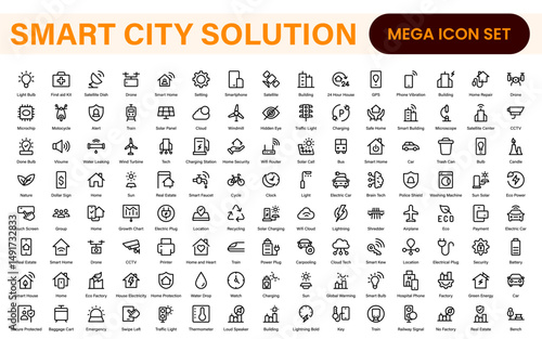 Smart City Solutions Icon Set – Minimal Line Vector Illustrations for Urban Planning, IoT, Infrastructure, Transportation, and Smart Tech Designs