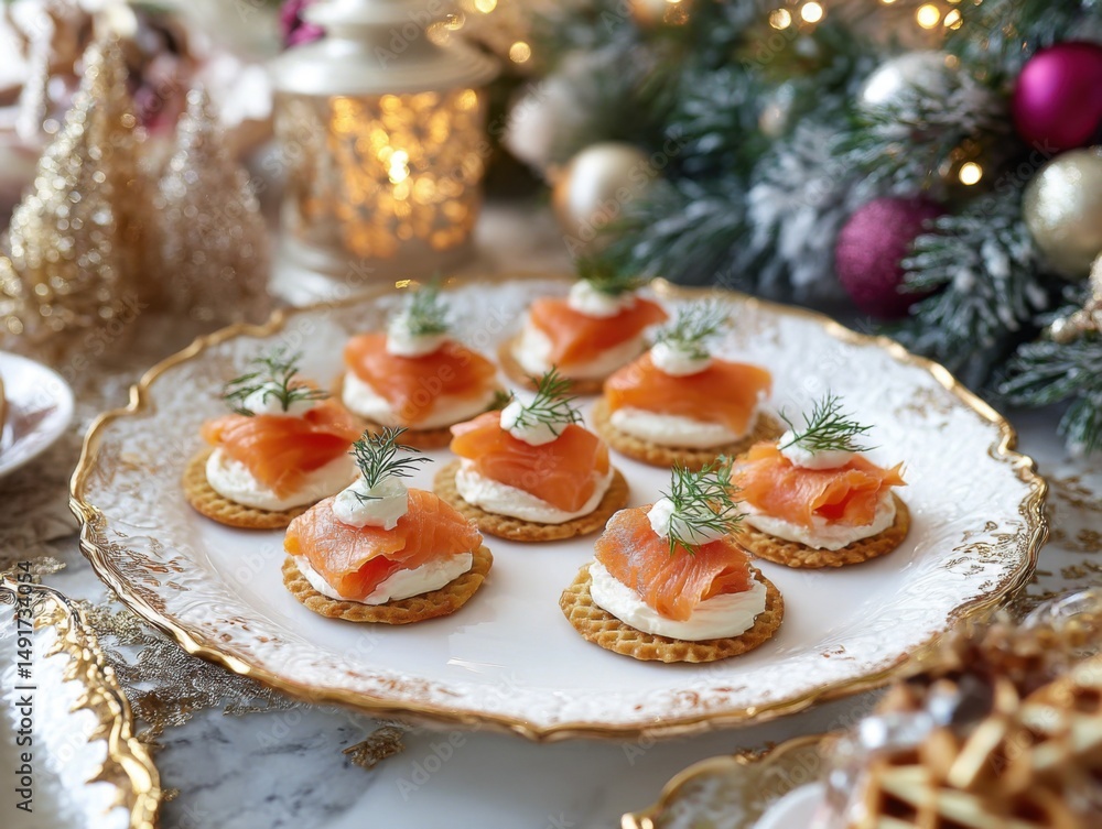 Festive salmon canapes on ornate plate for holiday appetizer close up shot with Christmas decor in background Festive salmon canapes on ornate plate for holiday appetizer close up shot with Christmas decor in background