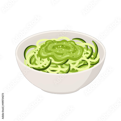 Zucchini Noodles With Pesto Sauce In White Bowl