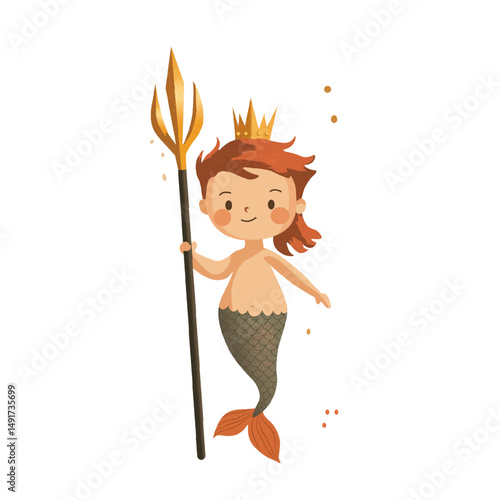Vector illustration of a young cartoon merman holding a trident and wearing a crown