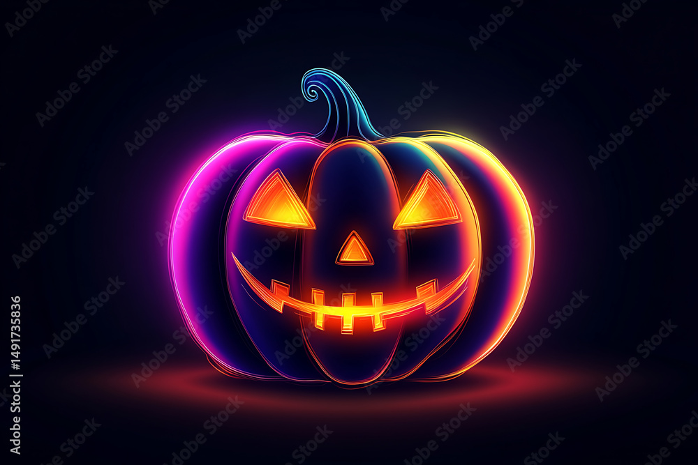 Naklejka premium Vibrant neon Halloween pumpkin with glowing features, set against a dark background, creating a festive atmosphere