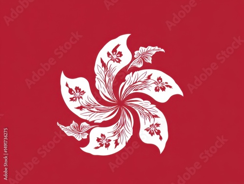 Hong Kong flag illustration of bauhinia blakeana flower on red background; graphic design, studio shot, national symbol, asia