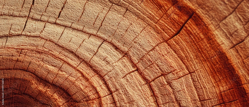 Naklejka premium Close up of a tree stump showing growth rings and cracks in warm light for texture and pattern detail macro shot