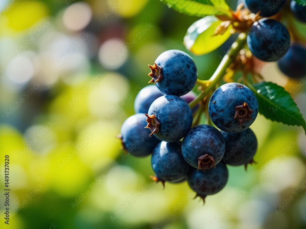 Fototapeta premium Blueberries Hanging from Branch, Summer Harvest