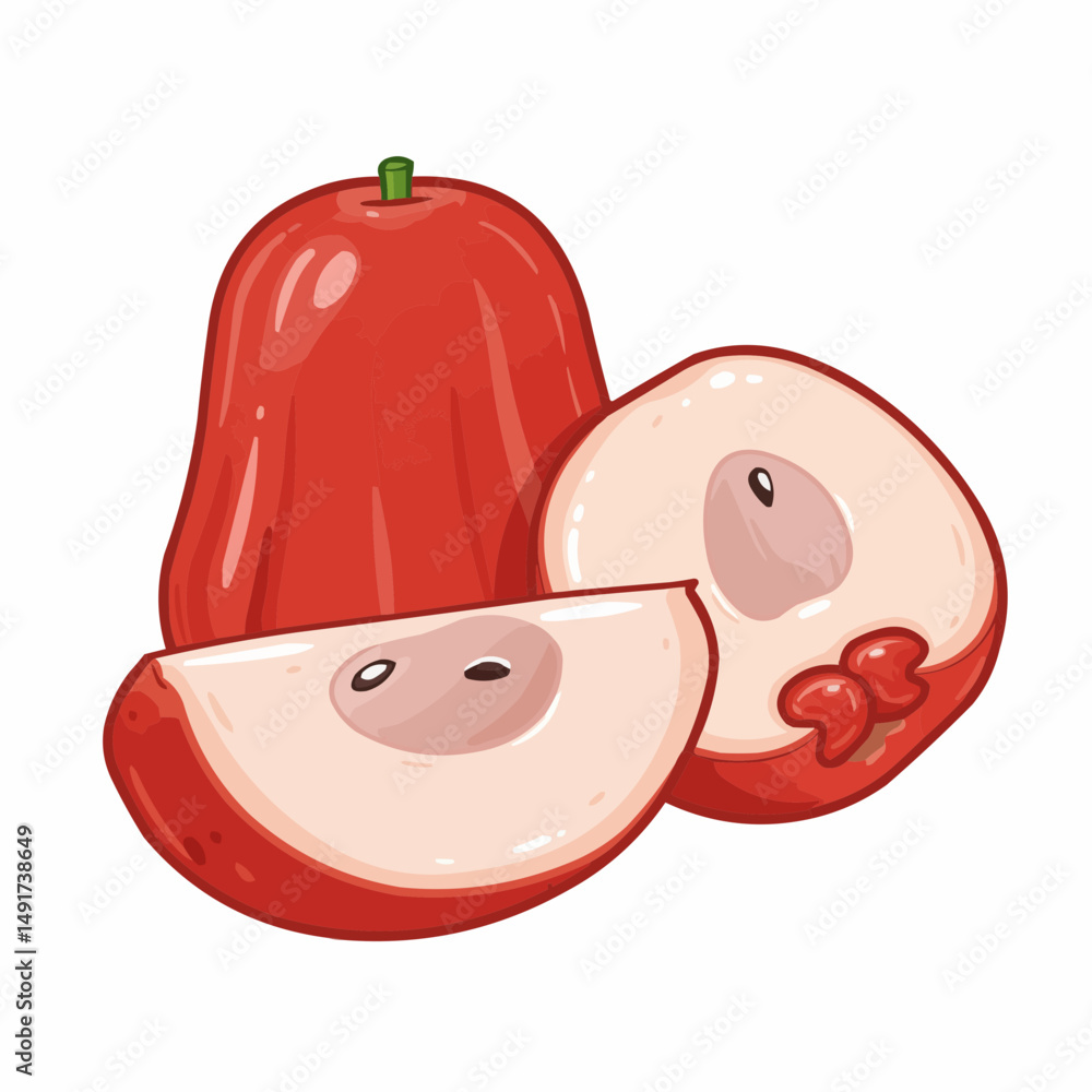 Obraz premium A pair of red & white fruit. One fruit is whole, one is cut in half