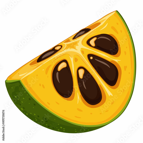 A vibrant fruit piece, displaying brown seeds amidst bright, yellow juicy sections