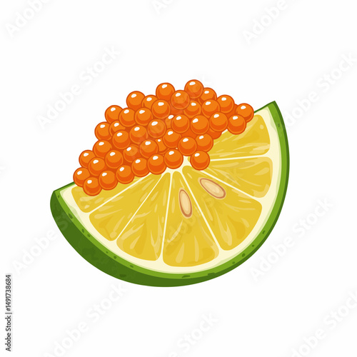 Fish eggs sit atop a lemon slice with a white backdrop in this food illustration