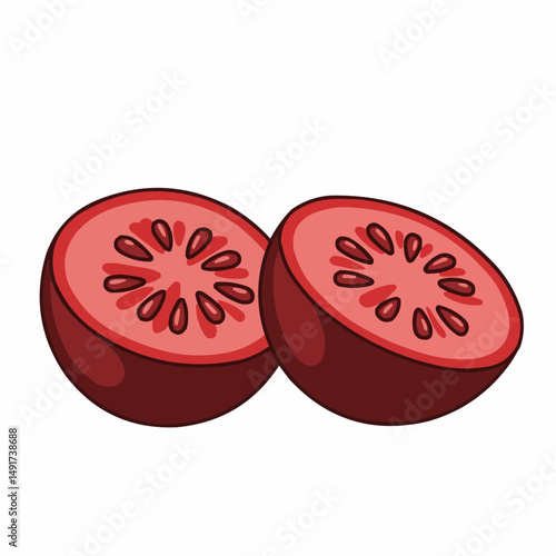 Two sliced tomato illustration with visible seeds and bright coloring detail