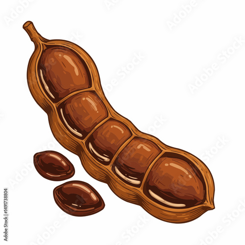 A brownish-colored legume pod, split open, revealing shiny, seed compartments