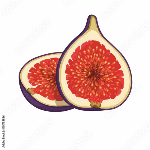 Two fig halves show vibrant red flesh and small seeds, with a purple skin