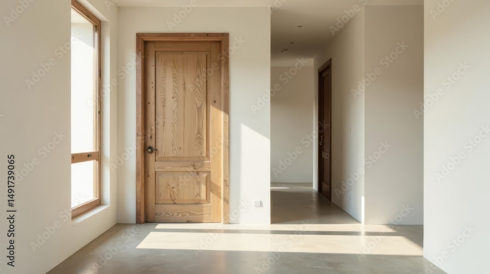 Fototapeta premium Sunlight streams through a window illuminating a minimalist hallway with light wood doors and neutral walls