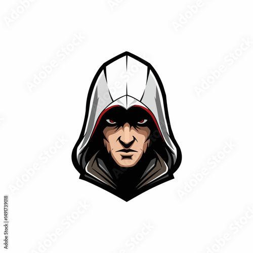 A hooded character stares with glowing eyes against a pristine white backdrop
