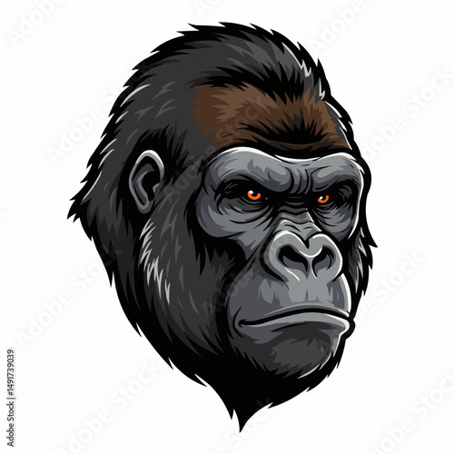 Illustrated gorilla with black fur, brown patch, gray face, and orange eyes on a white background