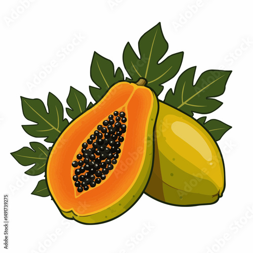 Half cut ripe papaya with black seeds surrounded by leaves against a white background
