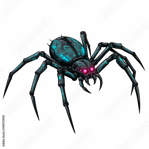 A mechanical spider with glowing pink eyes and circuits