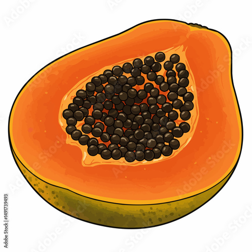 Ripe, orange fruit cut in half and filled with black seeds on a white background
