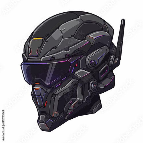 Futuristic helmet with dark gray panels and glowing details against a white backdrop