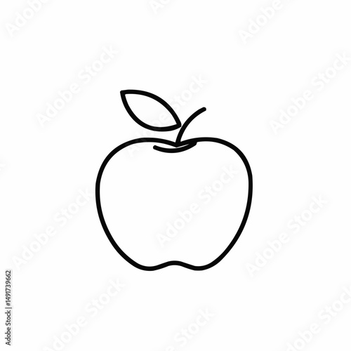 An apple in simple line art. Single fruit with a leaf. Great for icons or coloring book
