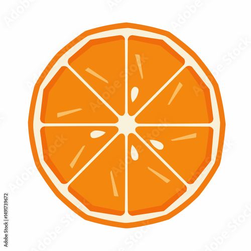 Slice of bright orange citrus fruit, with orange segments and white membrane on white