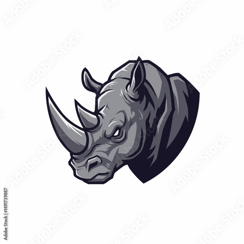 Illustration of a gray rhinoceros with prominent horns, partially visible