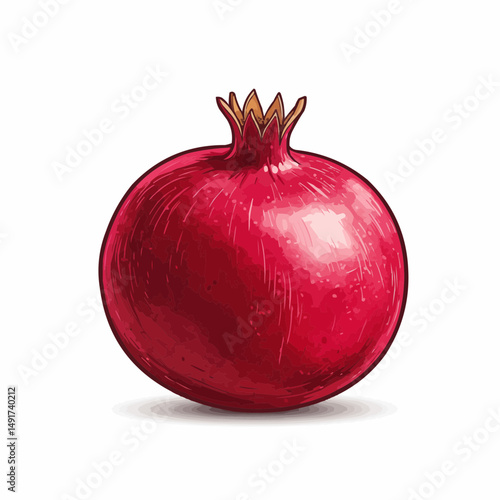 Half, red fruit with a brown crown sits on a white surface