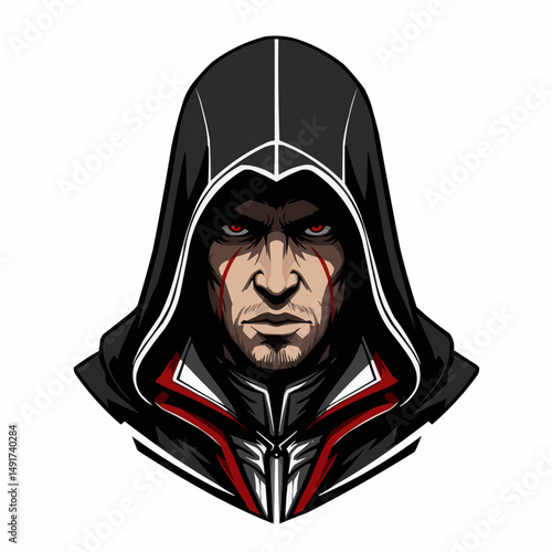 Hooded figure stares, red eyes glint menacingly. White trim on black robes. Scars on face