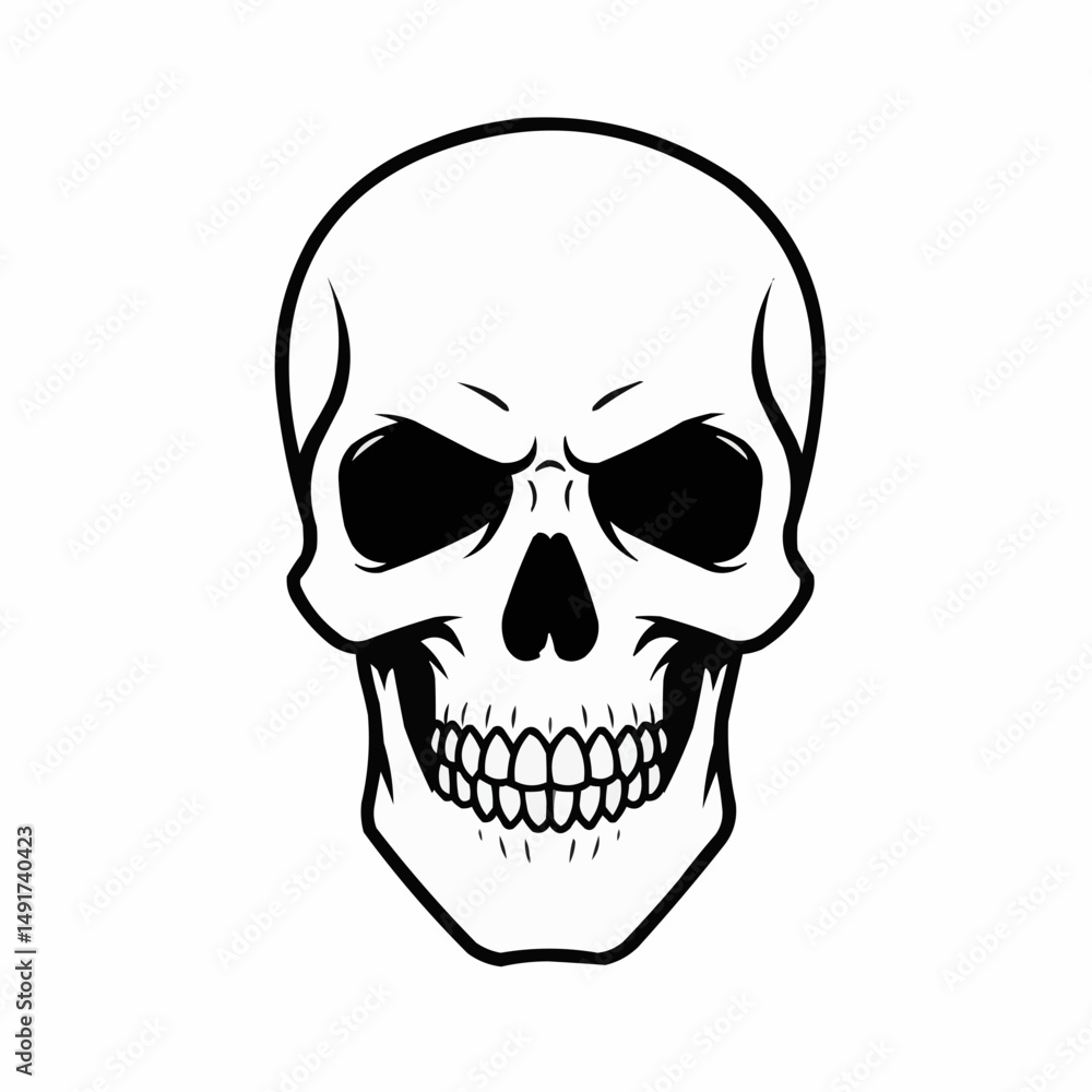 Simplified skull with a minimalist black and white design, part of head on the right Simplified skull with a minimalist black and white design, part of head on the right