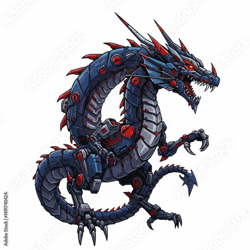 Detailed illustration of robotic dragon with blue armor and red accents on a white backdrop