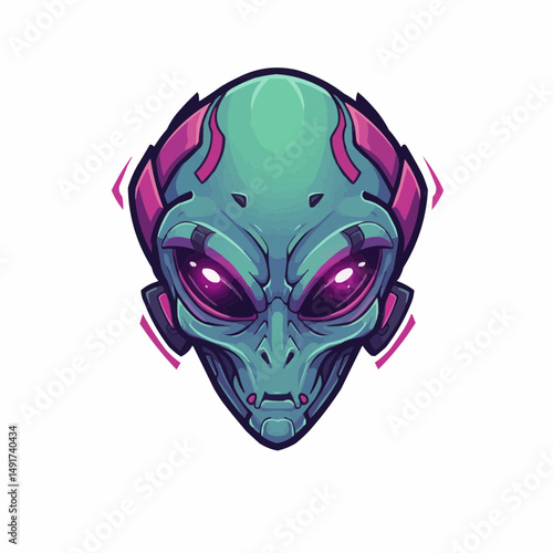 Alien mascot art. Mint head, pink, purple, and black accents. Glowy eyes stand out