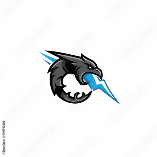 A stylized rendering of a bird-like creature biting down on a blue object, set on white