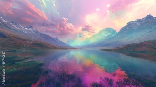 Pastel dreamlike mountain lake landscape