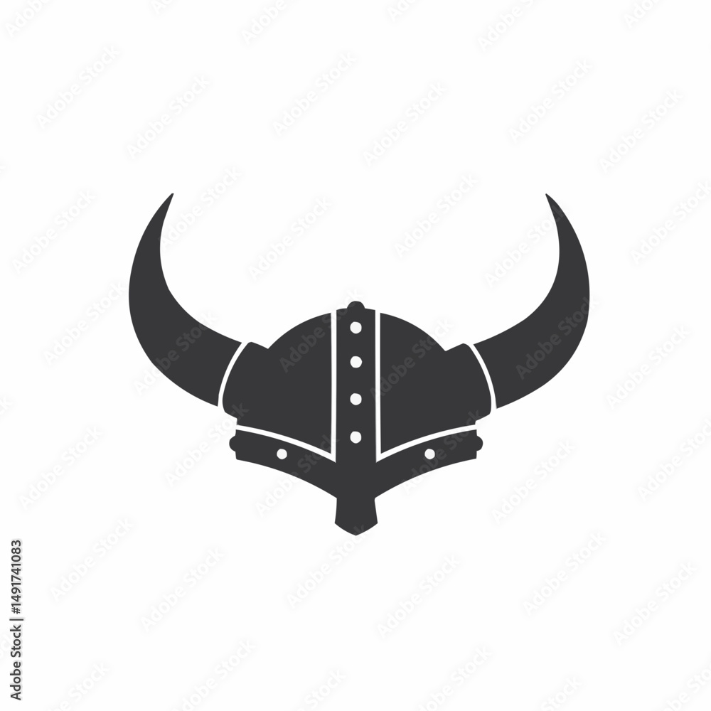 Fototapeta premium Dark silhouette of horned helmet rests on white. Historical. Medieval. Bold. Simple