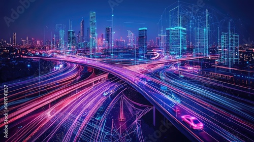 A futuristic cityscape intersection at night, digitally enhanced.