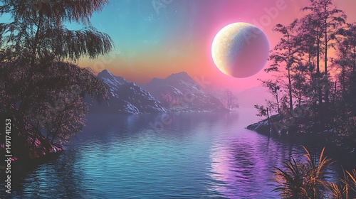 Pastel lake landscape sunset