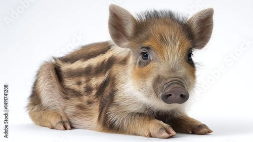 A wild boar piglet with striped fur, sitting with legs tucked under, centered on a white background, sharp focus, studio-lit, realistic detail