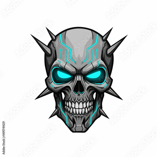 Cybernetic skull with glowing blue eyes and circuit patterns and spiked adornments