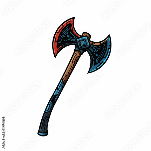 High tech axe with blades patterned with circuit boards and brown wooden handle
