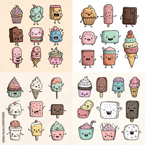 Playful dessert characters including ice cream, cupcakes, chocolate bars, and marshmallows in a fun doodle style. Great for children’s content and food branding.

