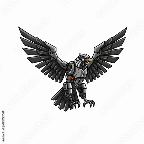 Gray metallic eagle with its wings open. An abstract robotic art piece