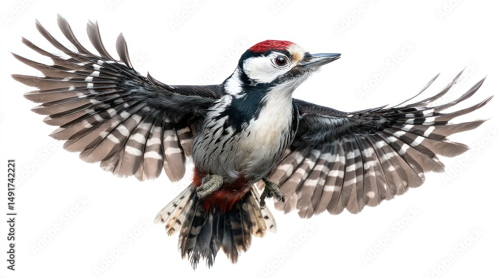 Obraz premium A woodpecker in flight with wings spread, centered on a white background, sharp focus, studio lighting, realistic detail