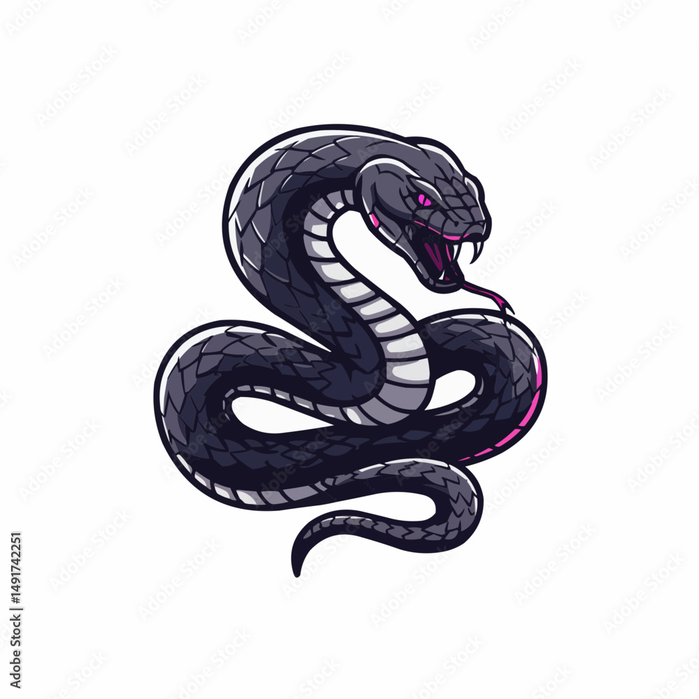 Fototapeta premium Deadly purple serpent, poised for a strike with a pink tongue and piercing eyes