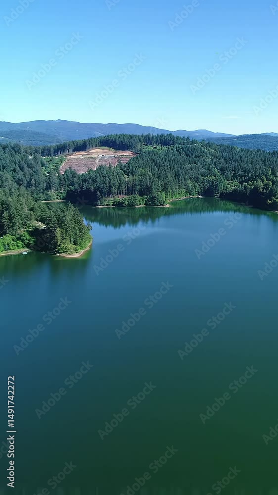 aerial video of deep green lake reflecting blue sky, surrounded by dense dark green pine forests and rolling hills. distant cleared area suggests development. serene natural landscape with lake and aerial video of deep green lake reflecting blue sky, surrounded by dense dark green pine forests and rolling hills. distant cleared area suggests development. serene natural landscape with lake and