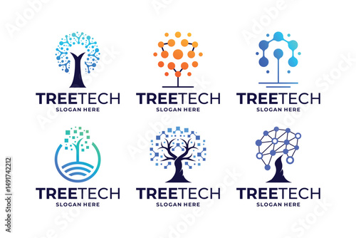 Set of Tree tech logo design template. Digital tree logo inspiration