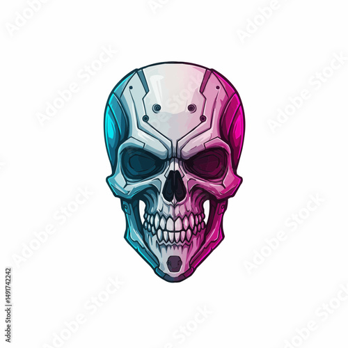 Cyborg skull with vibrant, contrasting colors. Techno skull graphic art