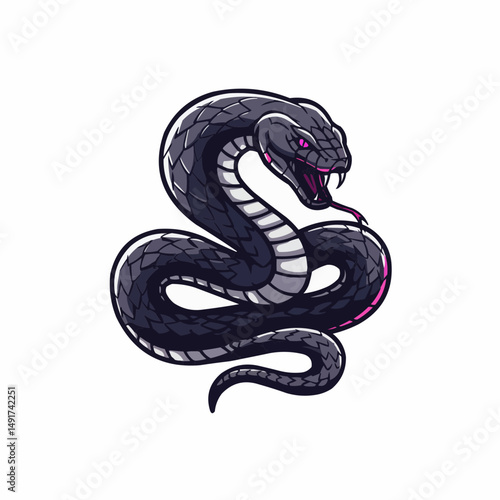 Deadly purple serpent, poised for a strike with a pink tongue and piercing eyes