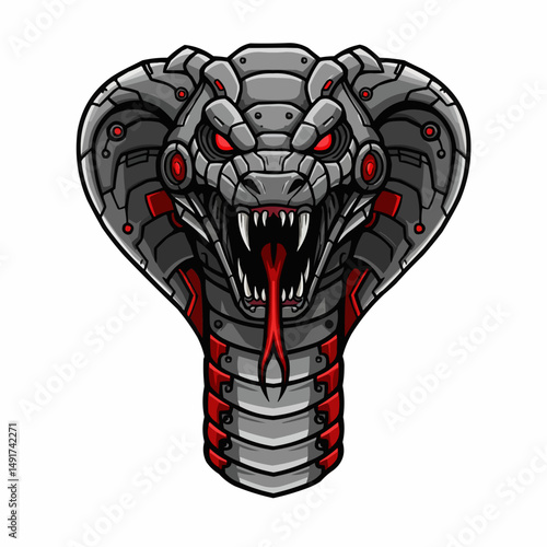 Robotic Cobra with glowing red eyes and sharp teeth, poised and ready to strike