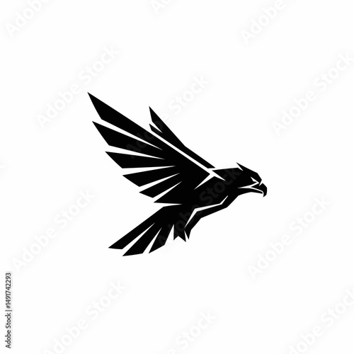 Abstract geometric black bird silhouette with sharp angles on a stark white background