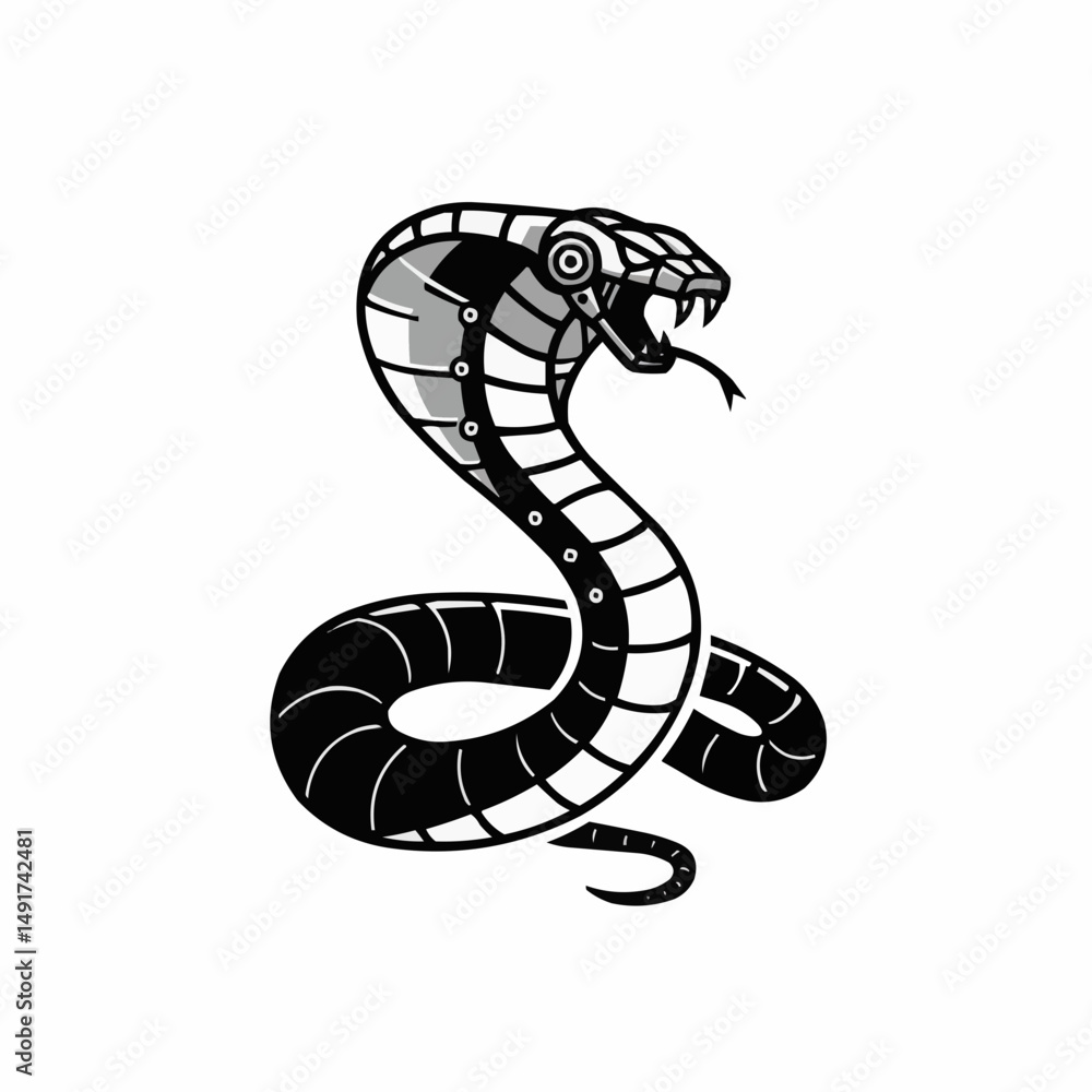 Fototapeta premium Robotic cobra with a menacing hiss, rendered in black, gray, and white